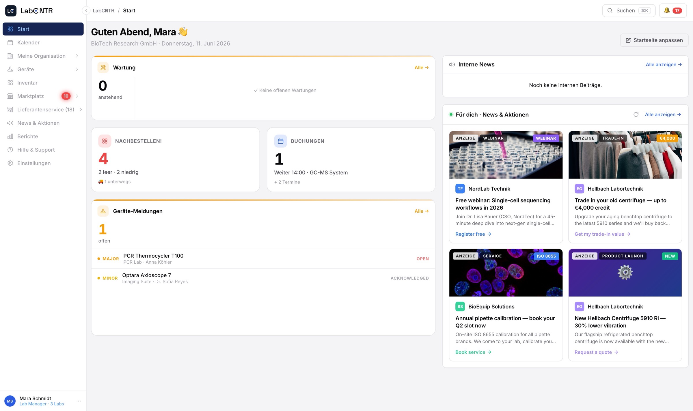 LabCNTR Dashboard: Widgets für Buchungen, Gerätestatus, Verfall, Bestand und Wartung